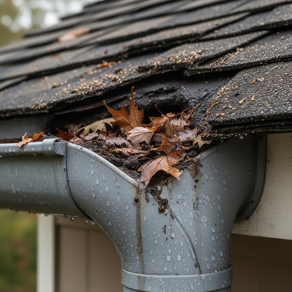 Close-up of a clogged downspout elbow with wet leaves and roof grit