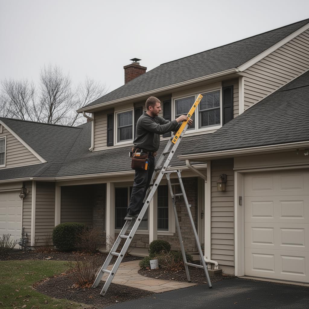 Contractor checking gutter pitch with a level on a ladder