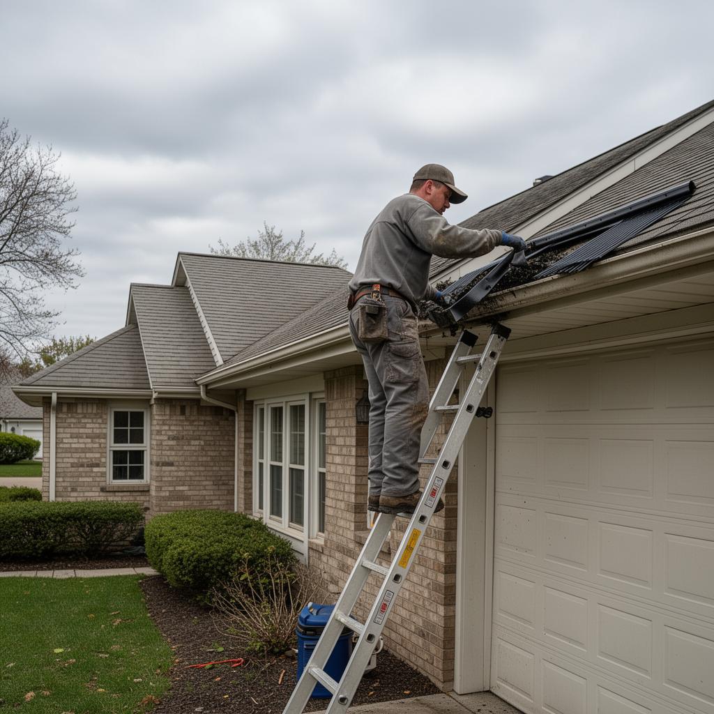 Contractor cleaning out a gutter before installing guards