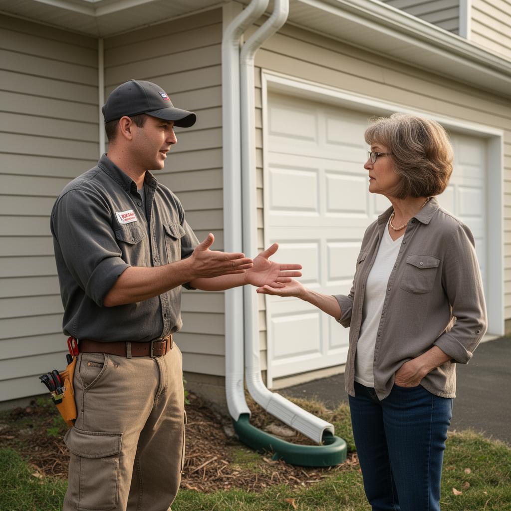 Contractor explaining downspout drainage to a homeowner