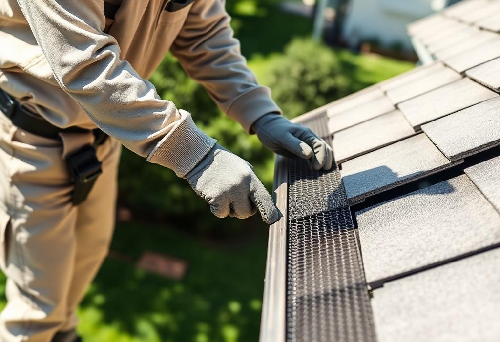 Professional installer fitting a micro-mesh gutter guard along a residential roof edge
