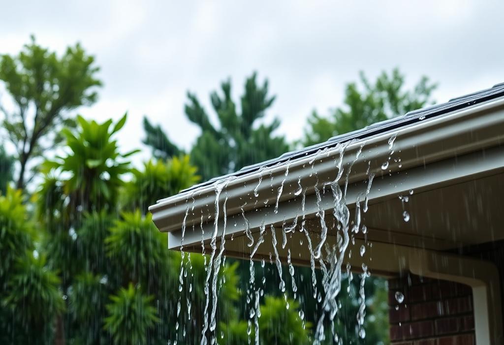 Heavy summer rain flowing smoothly into a protected gutter system on a Michigan home