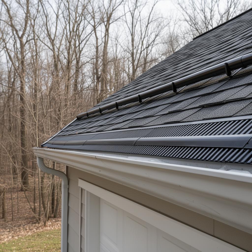 Clean gutter system with gutter guards installed along a roofline