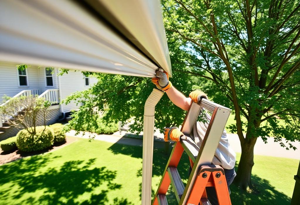 Gutter contractor inspecting a residential gutter from a secured ladder in summer