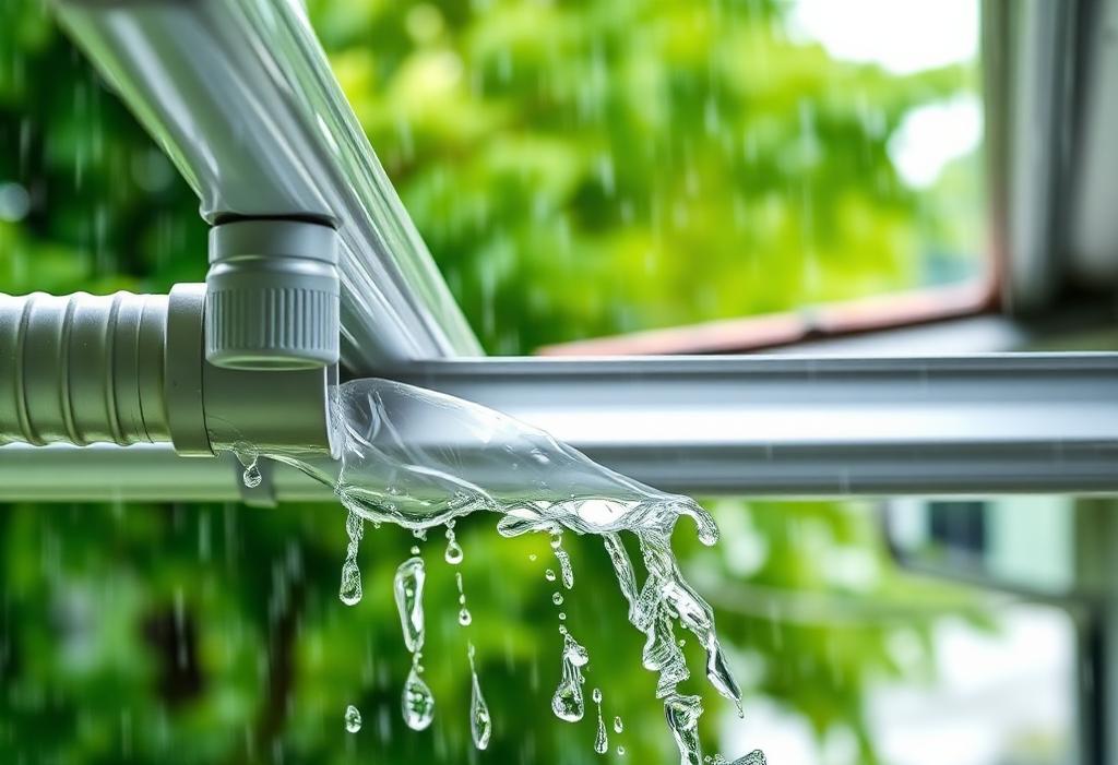 Rainwater flowing through a clean aluminum gutter and downspout during a July shower