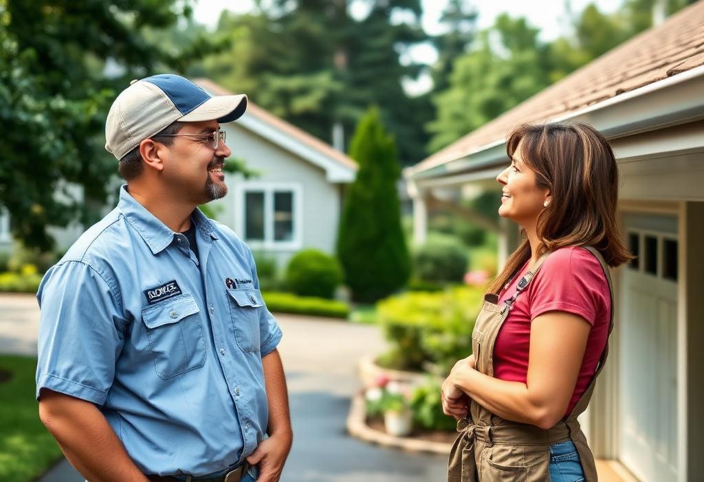Local gutter contractor talking with a homeowner in a driveway, looking toward the roofline