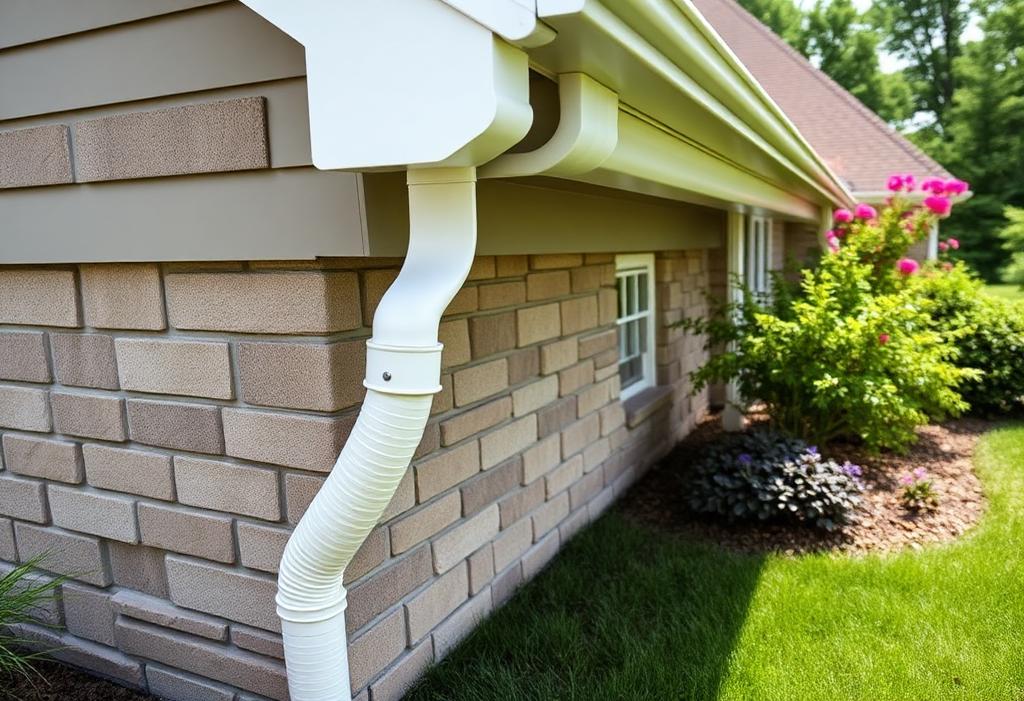 Newly installed seamless aluminum gutters and a downspout on a well-maintained Michigan home
