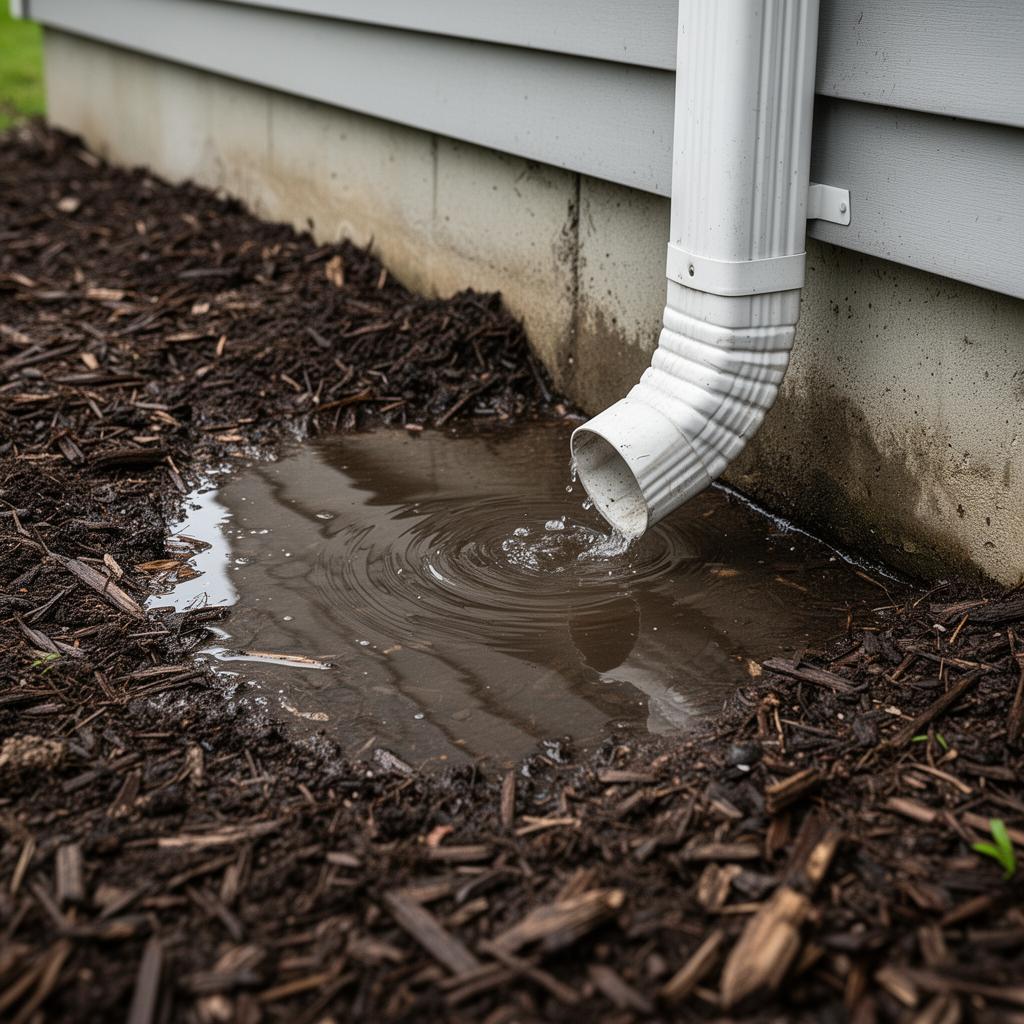 Water pooling near a home foundation with a gutter downspout nearby
